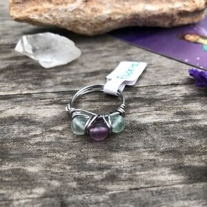Purple Green Fluorite Beaded Wire Wrapped Ring - Size 8